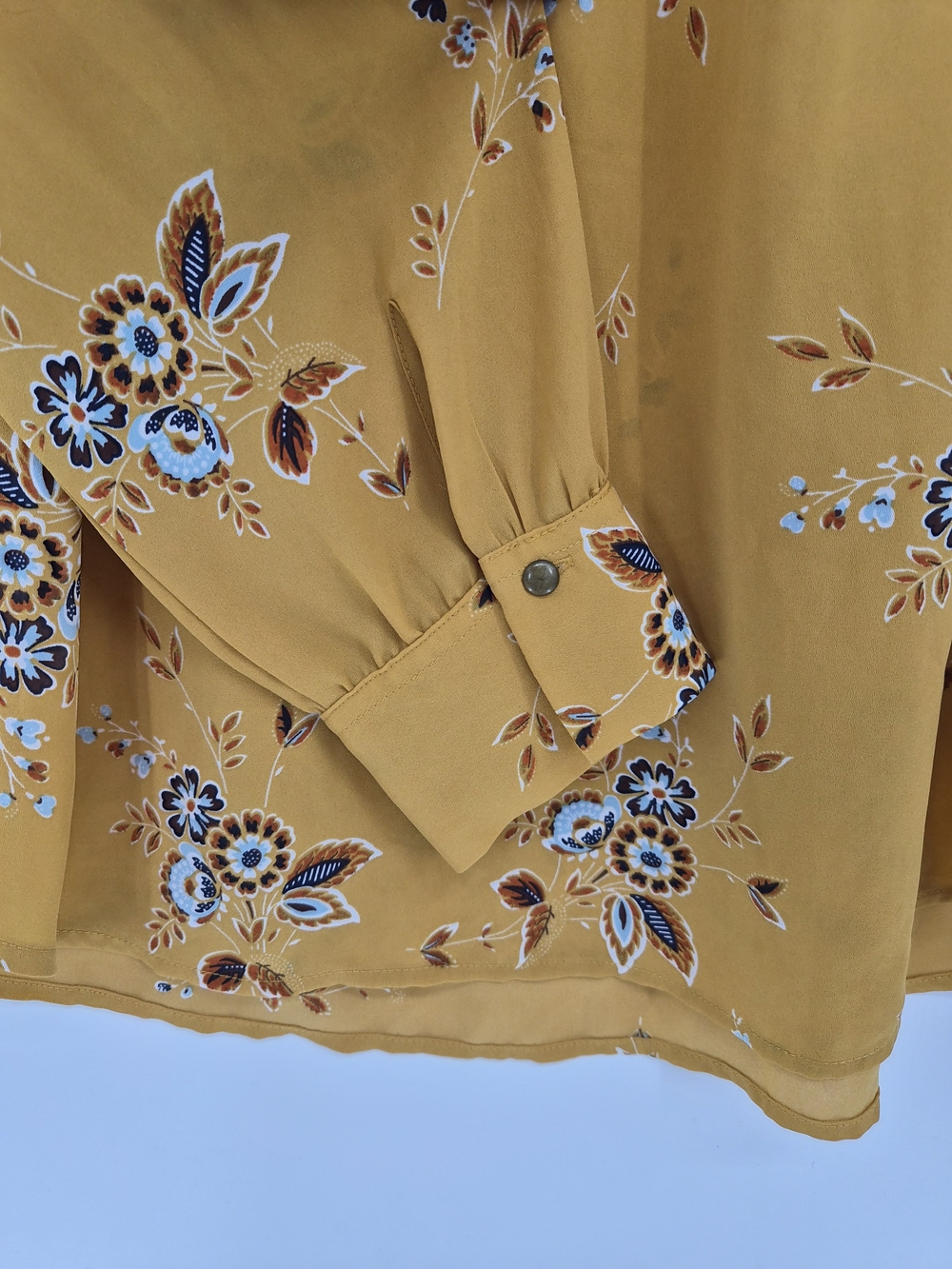 LOFT Mustard Floral Blouse L Boho Cottagecore Romantic Long Sleeve Peasant Top - Picture 6 of 11